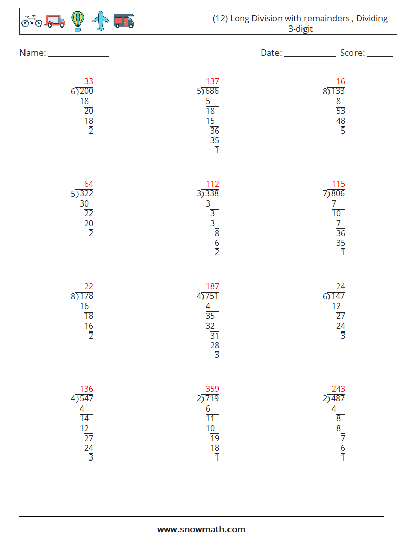 (12) Long Division with remainders , Dividing 3-digit Maths Worksheets 6 Question, Answer