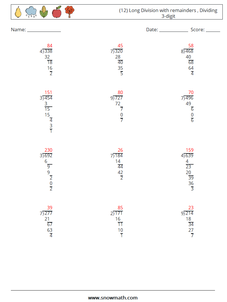 (12) Long Division with remainders , Dividing 3-digit Maths Worksheets 7 Question, Answer