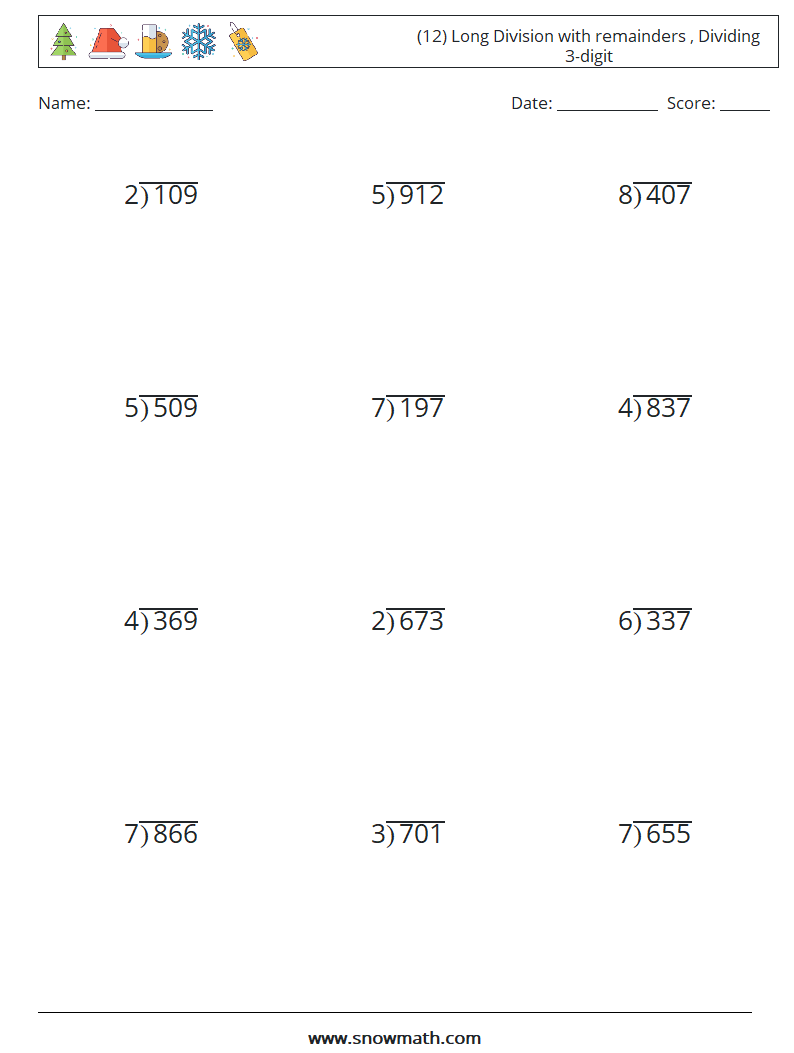 (12) Long Division with remainders , Dividing 3-digit Maths Worksheets 8