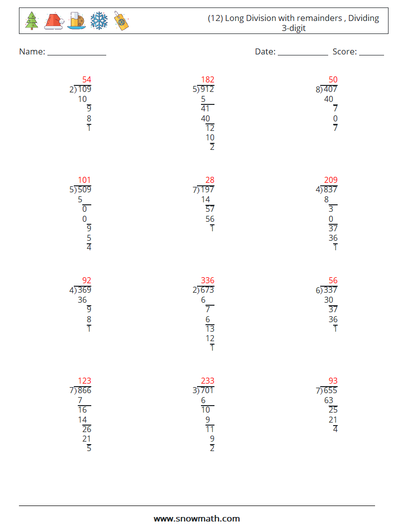 (12) Long Division with remainders , Dividing 3-digit Maths Worksheets 8 Question, Answer