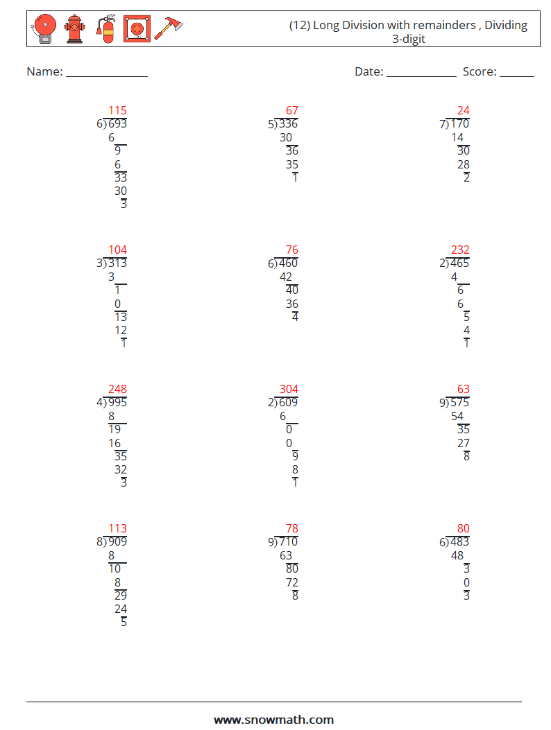 (12) Long Division with remainders , Dividing 3-digit Maths Worksheets 9 Question, Answer