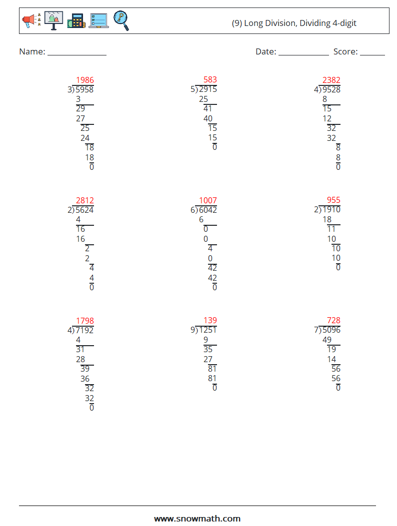 (9) Long Division, Dividing 4-digit Maths Worksheets 10 Question, Answer