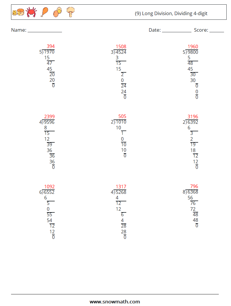 (9) Long Division, Dividing 4-digit Maths Worksheets 13 Question, Answer