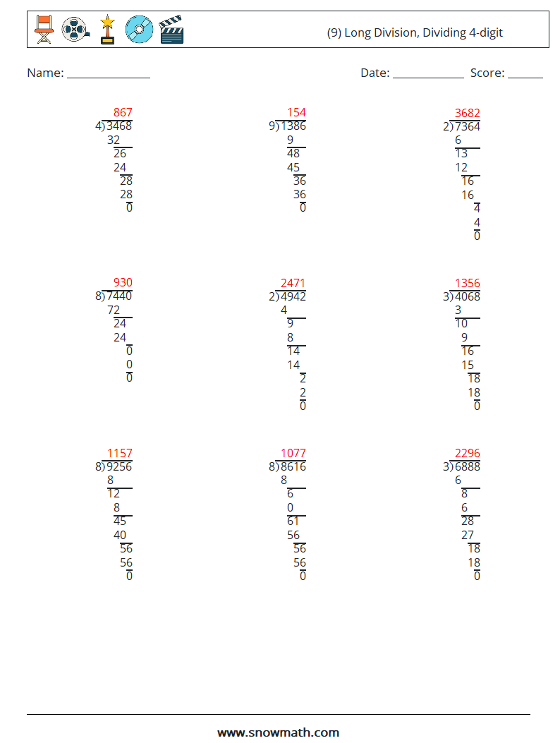 (9) Long Division, Dividing 4-digit Maths Worksheets 18 Question, Answer