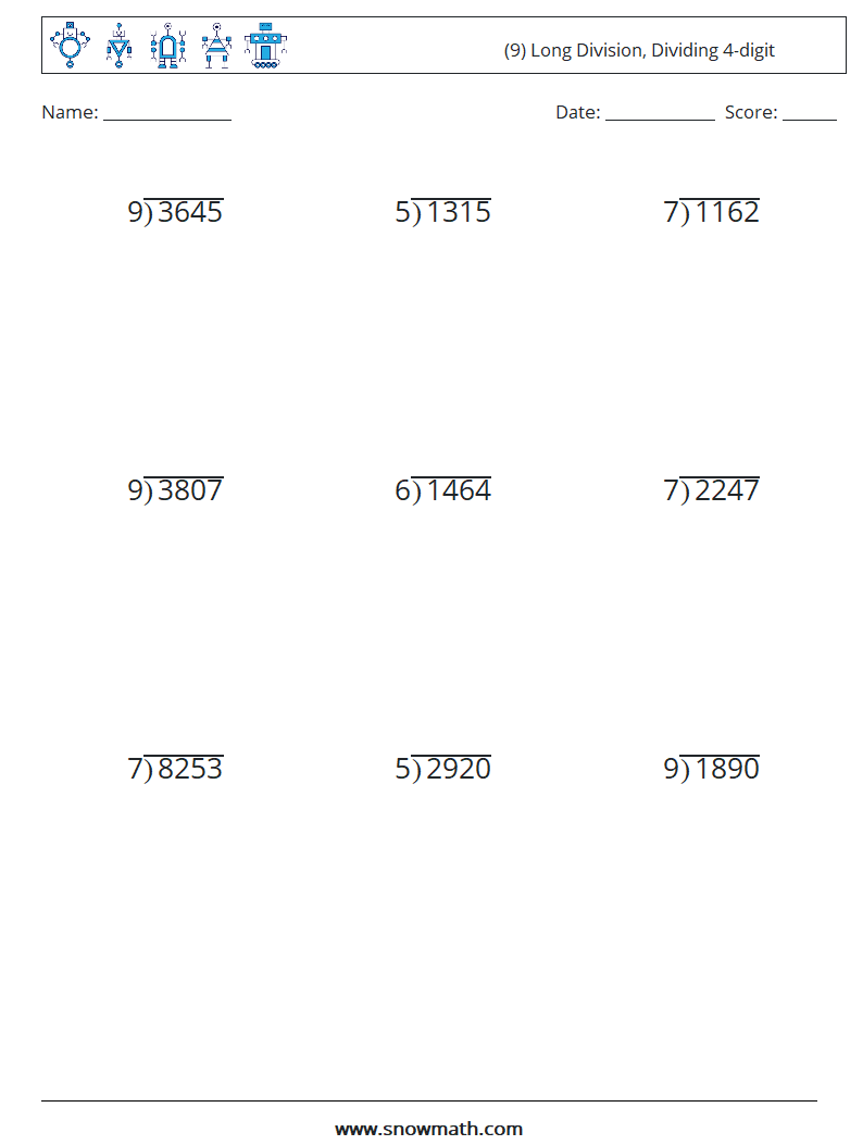 (9) Long Division, Dividing 4-digit Maths Worksheets 2