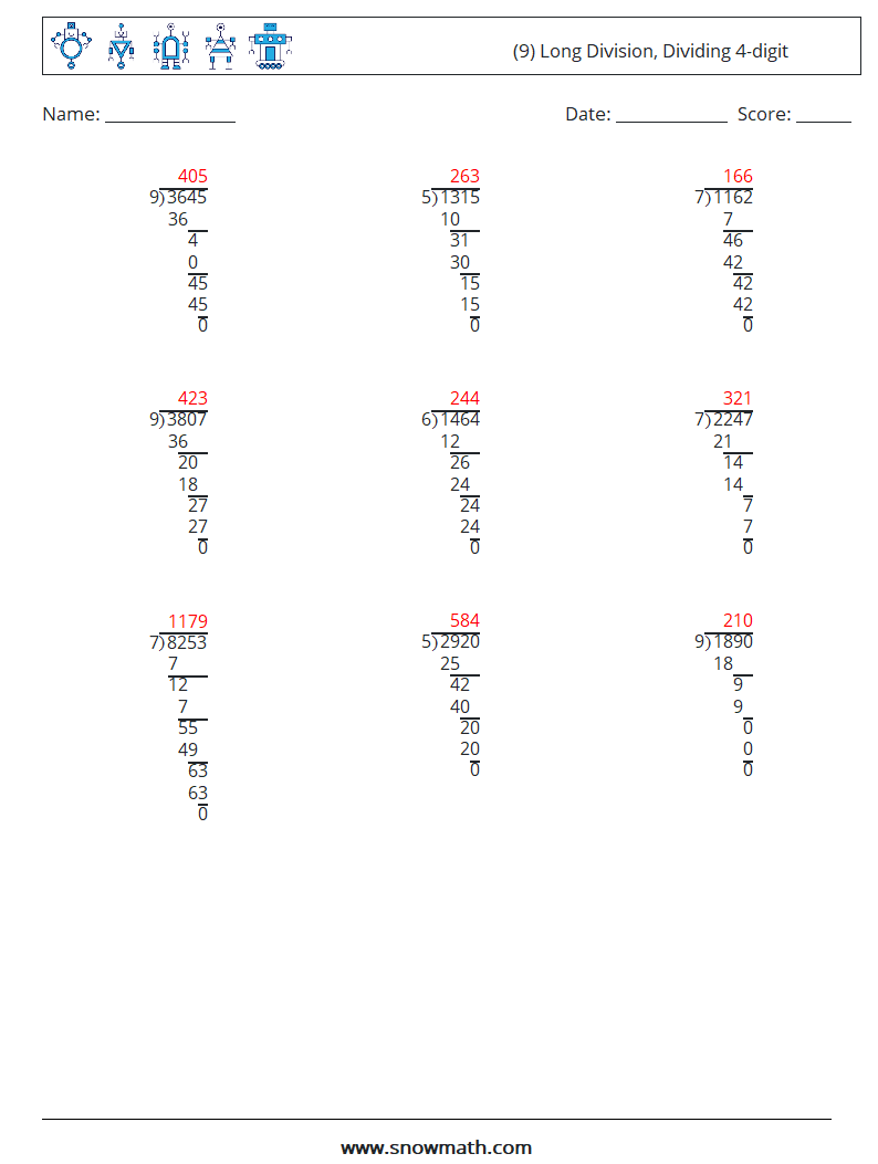 (9) Long Division, Dividing 4-digit Maths Worksheets 2 Question, Answer