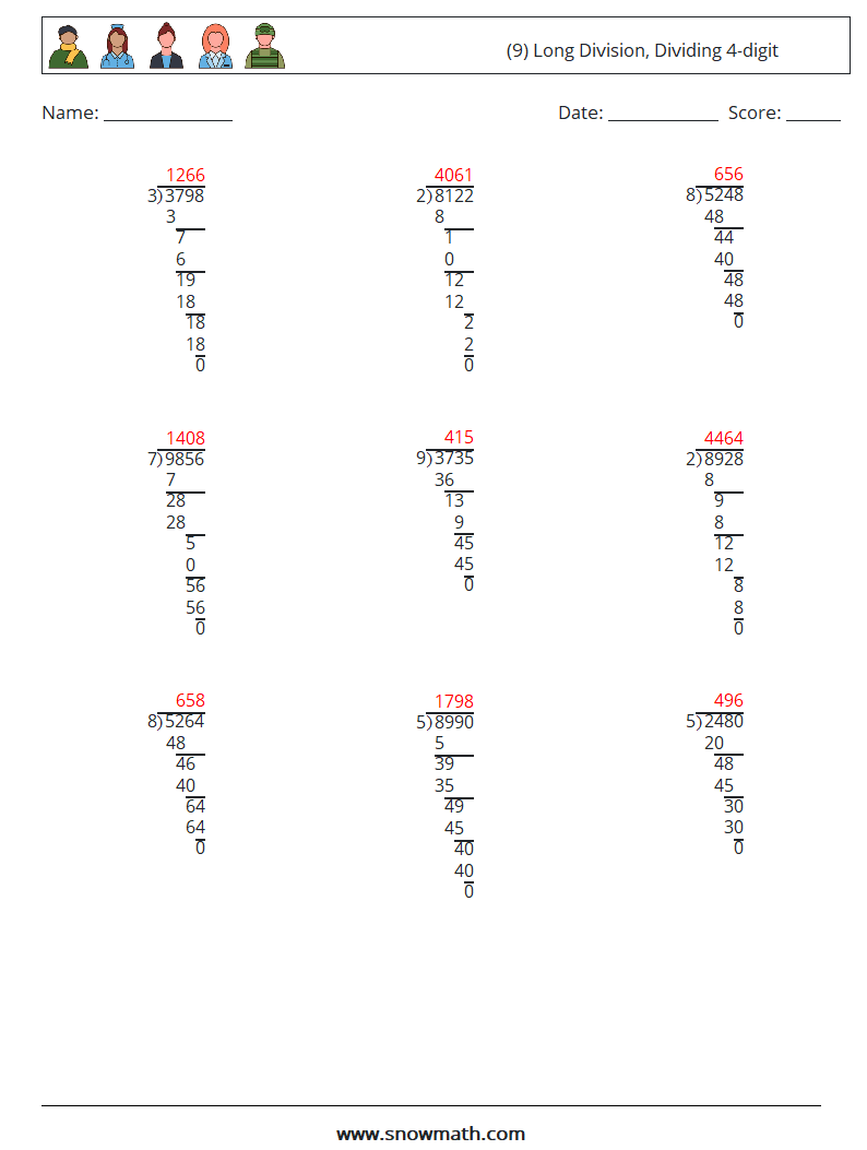 (9) Long Division, Dividing 4-digit Maths Worksheets 3 Question, Answer