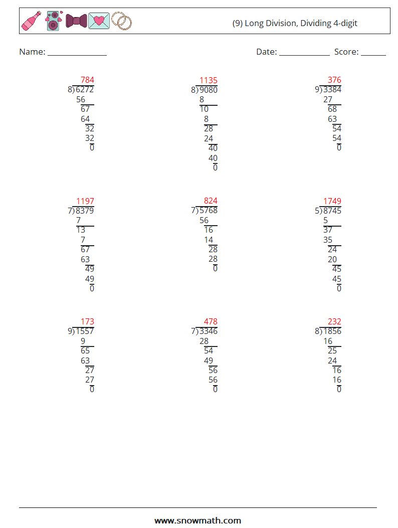 (9) Long Division, Dividing 4-digit Maths Worksheets 4 Question, Answer