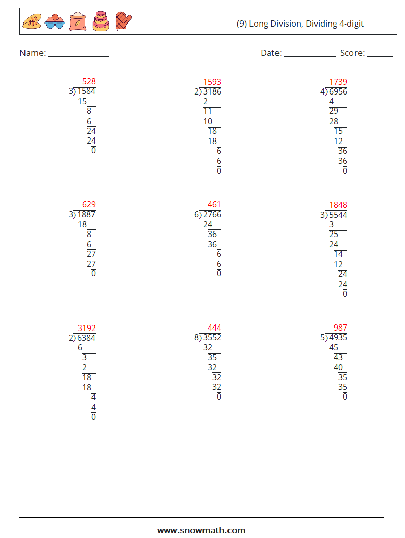 (9) Long Division, Dividing 4-digit Maths Worksheets 5 Question, Answer