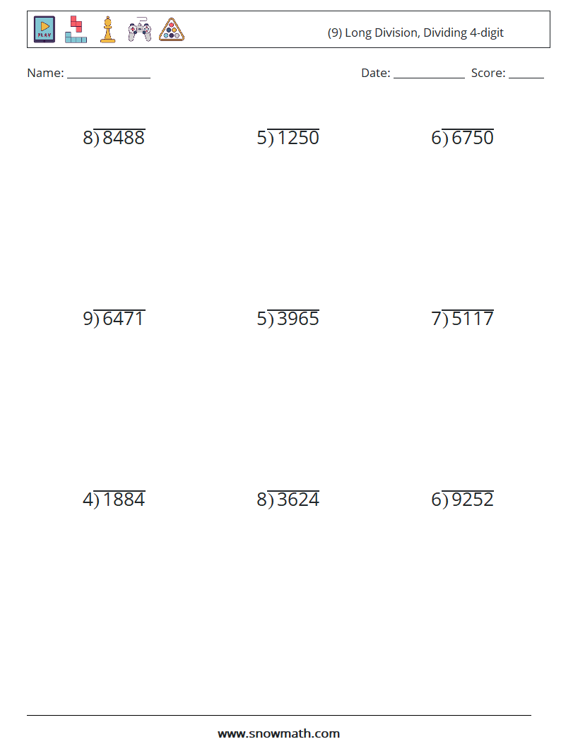 (9) Long Division, Dividing 4-digit Maths Worksheets 6