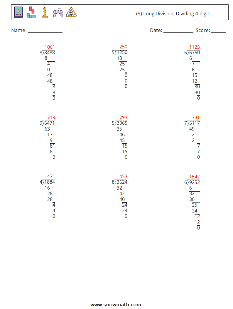 (9) Long Division, Dividing 4-digit Maths Worksheets 6 Question, Answer