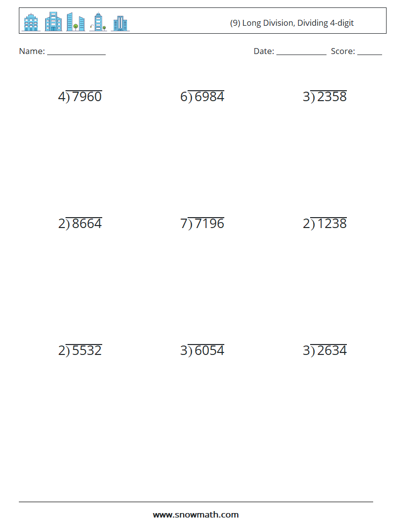 (9) Long Division, Dividing 4-digit Maths Worksheets 7