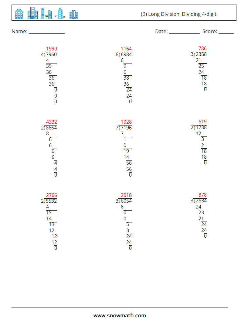 (9) Long Division, Dividing 4-digit Maths Worksheets 7 Question, Answer