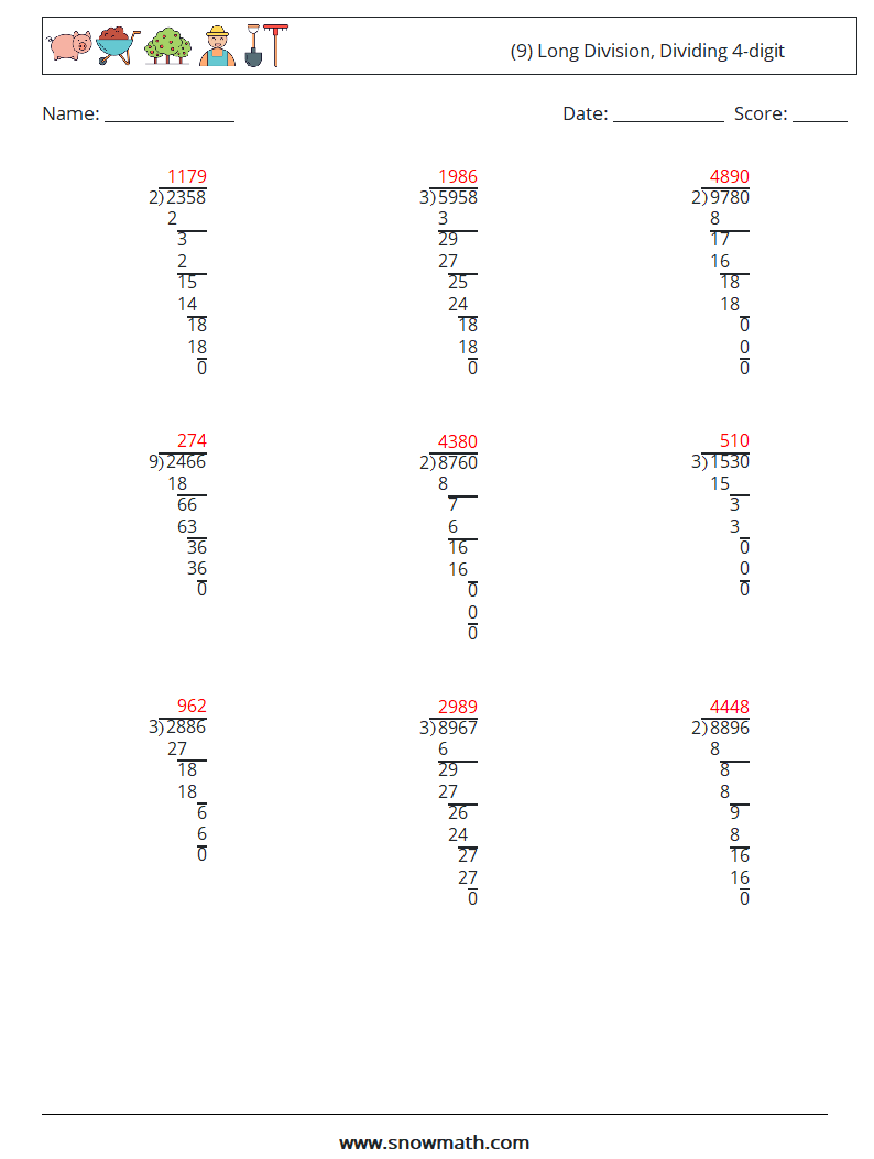 (9) Long Division, Dividing 4-digit Maths Worksheets 9 Question, Answer