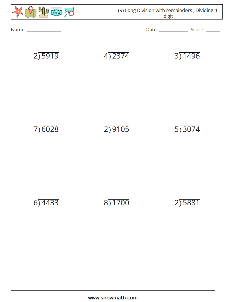 (9) Long Division with remainders , Dividing 4-digit Maths Worksheets 1