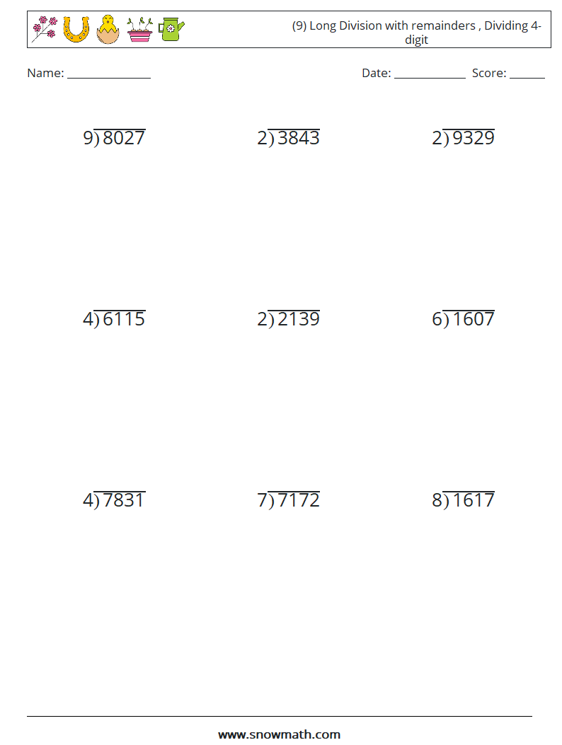 (9) Long Division with remainders , Dividing 4-digit Maths Worksheets 11