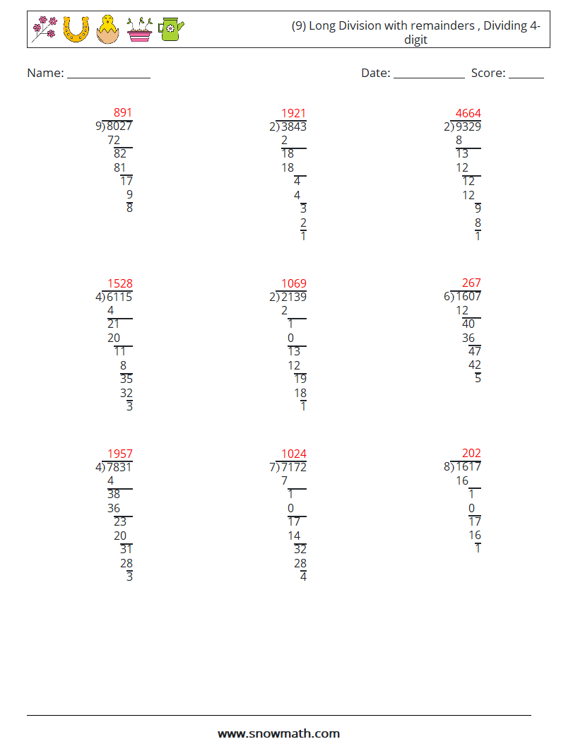 (9) Long Division with remainders , Dividing 4-digit Maths Worksheets 11 Question, Answer