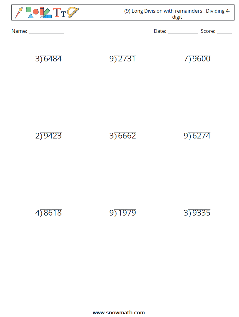 (9) Long Division with remainders , Dividing 4-digit Maths Worksheets 12