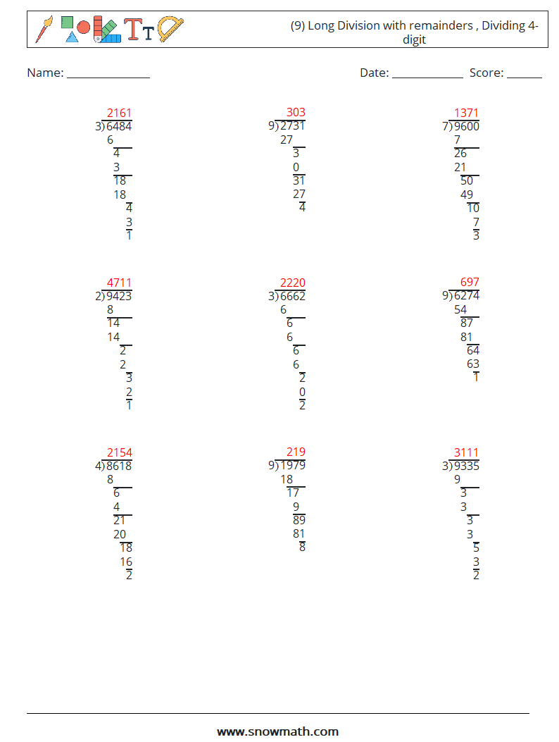 (9) Long Division with remainders , Dividing 4-digit Maths Worksheets 12 Question, Answer