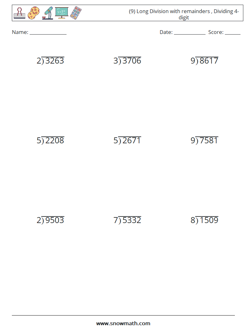 (9) Long Division with remainders , Dividing 4-digit Maths Worksheets 13