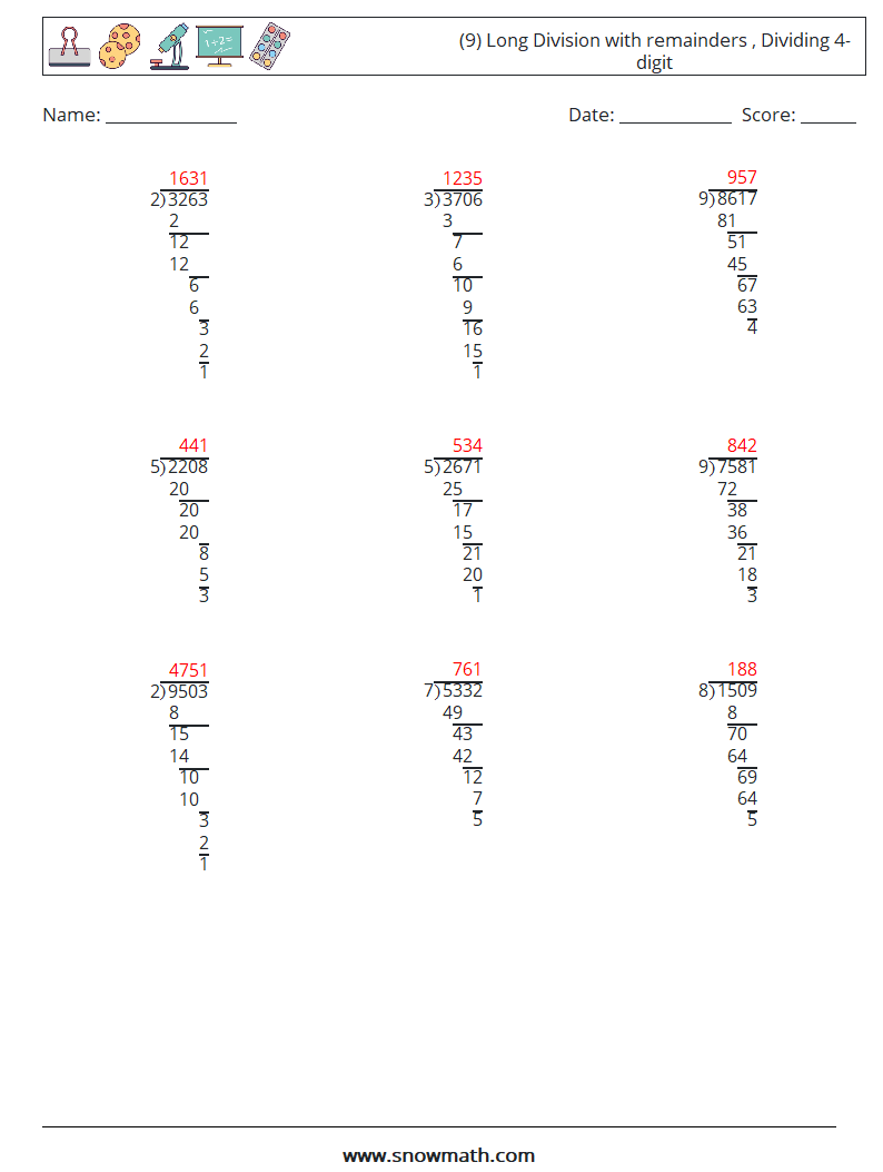 (9) Long Division with remainders , Dividing 4-digit Maths Worksheets 13 Question, Answer