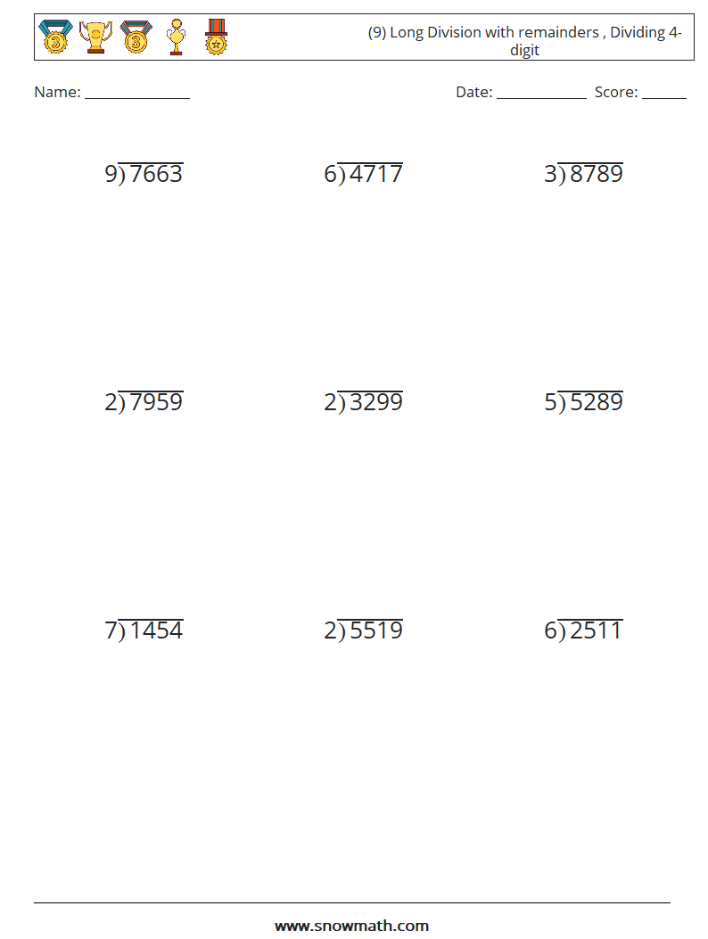 (9) Long Division with remainders , Dividing 4-digit Maths Worksheets 15