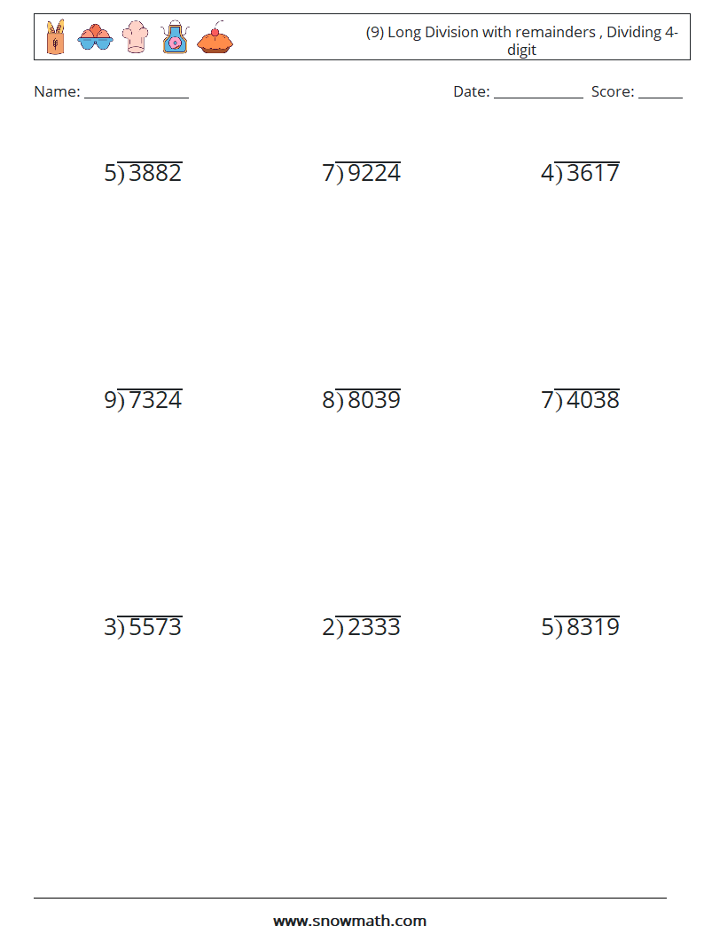(9) Long Division with remainders , Dividing 4-digit Maths Worksheets 17