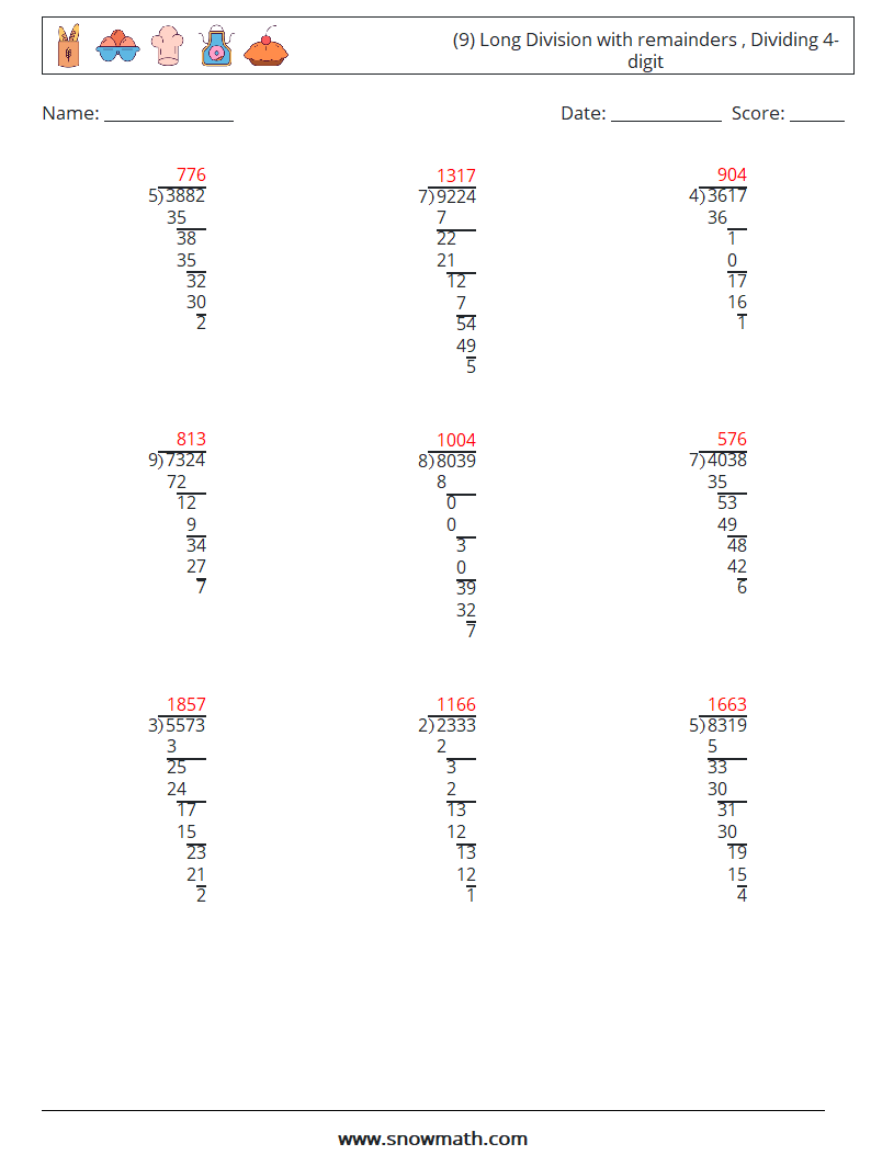 (9) Long Division with remainders , Dividing 4-digit Maths Worksheets 17 Question, Answer