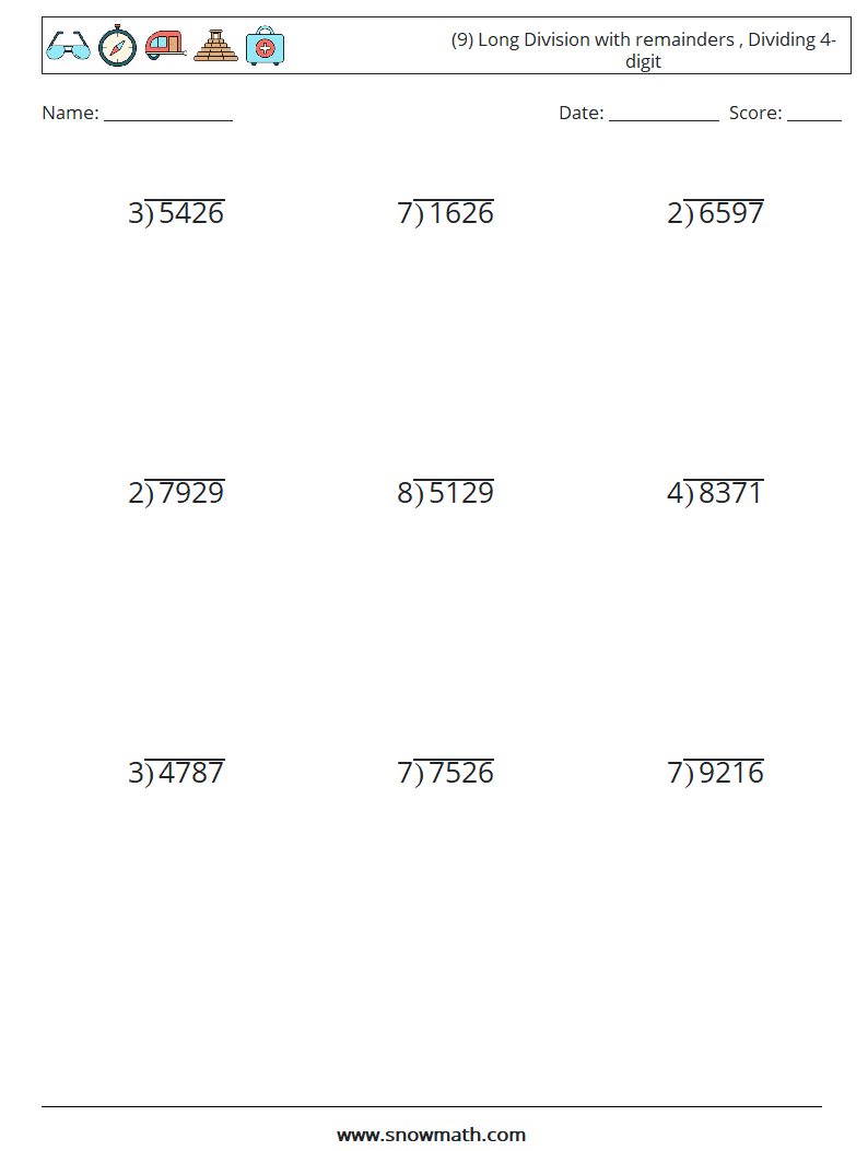(9) Long Division with remainders , Dividing 4-digit Maths Worksheets 18