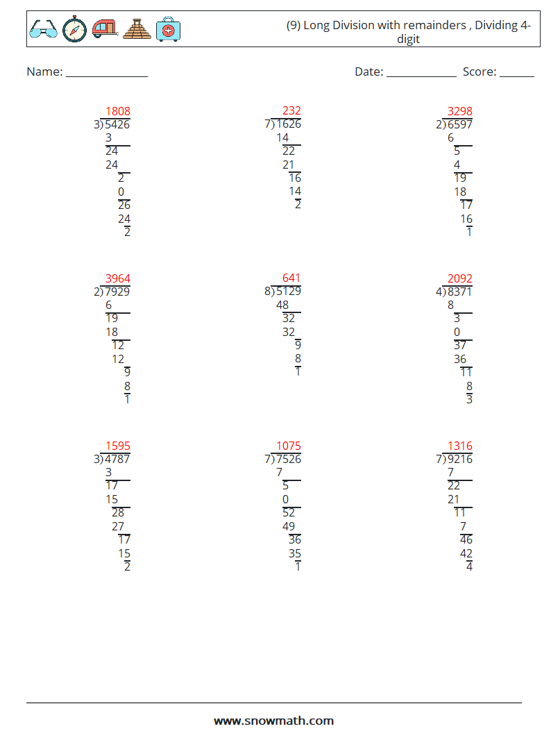 (9) Long Division with remainders , Dividing 4-digit Maths Worksheets 18 Question, Answer