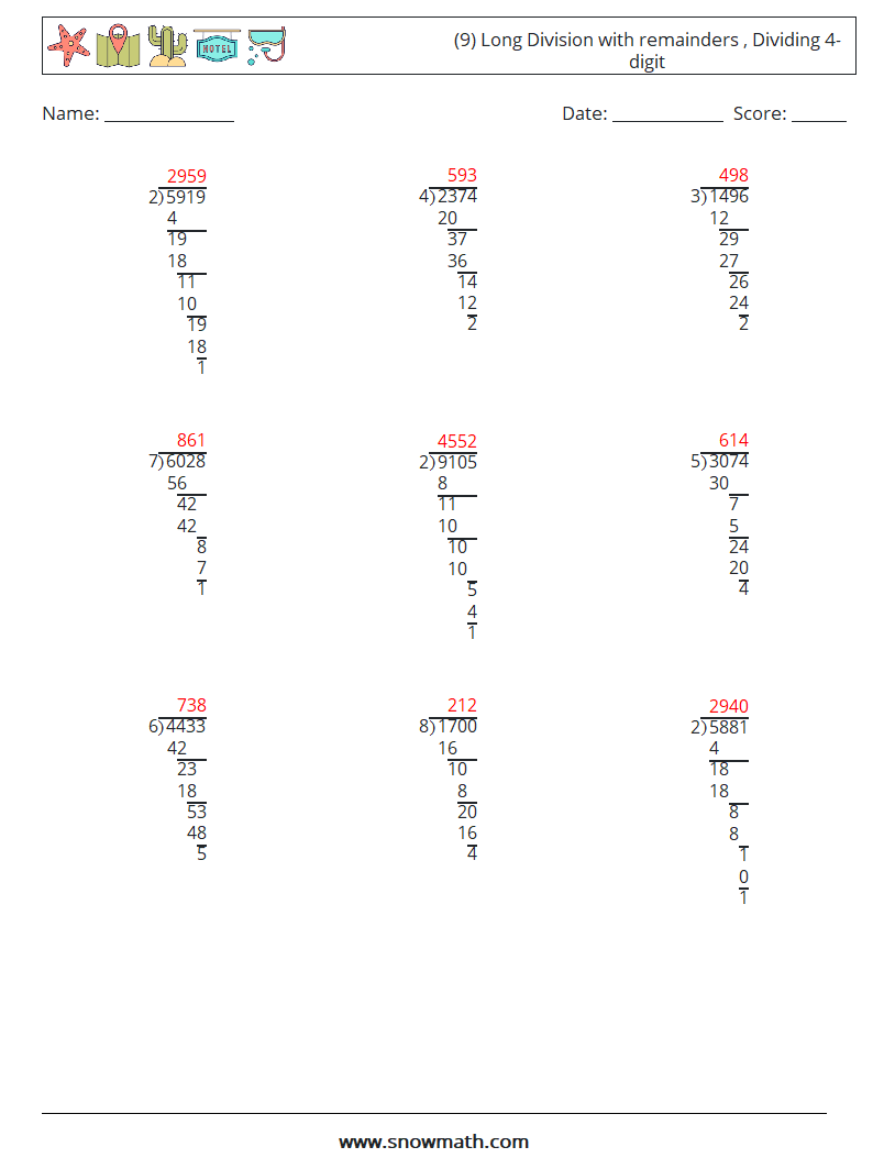 (9) Long Division with remainders , Dividing 4-digit Maths Worksheets 1 Question, Answer