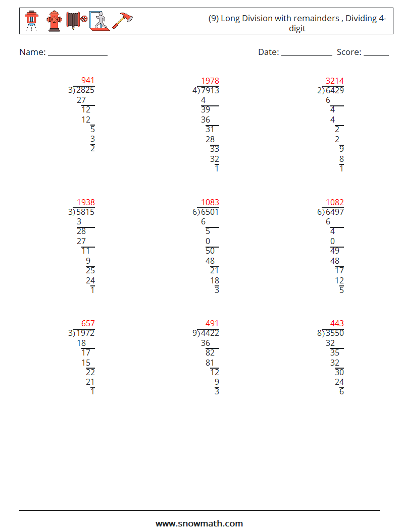 (9) Long Division with remainders , Dividing 4-digit Maths Worksheets 2 Question, Answer