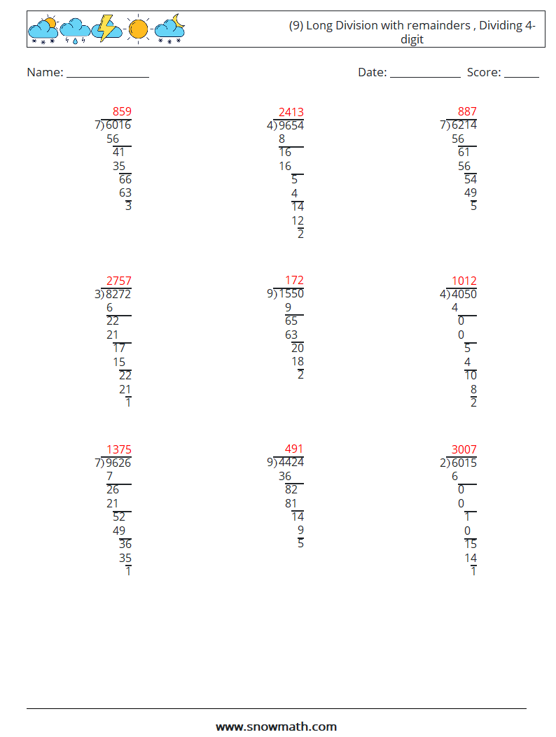 (9) Long Division with remainders , Dividing 4-digit Maths Worksheets 3 Question, Answer