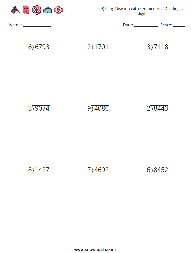 (9) Long Division with remainders , Dividing 4-digit Maths Worksheets 4