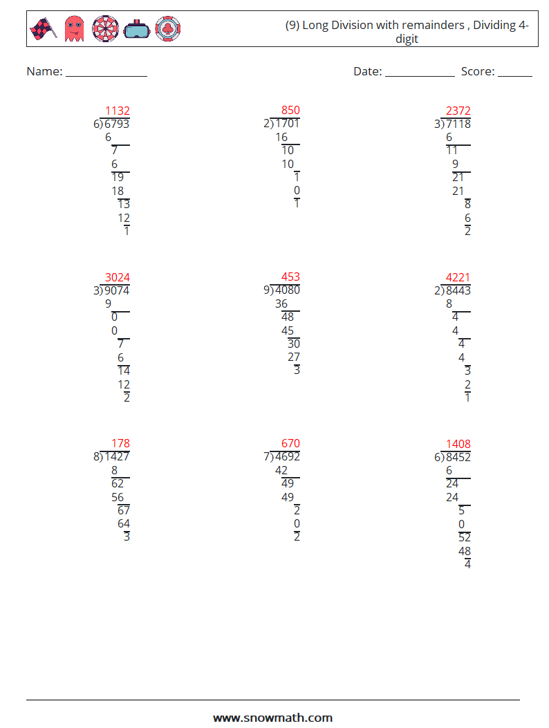 (9) Long Division with remainders , Dividing 4-digit Maths Worksheets 4 Question, Answer