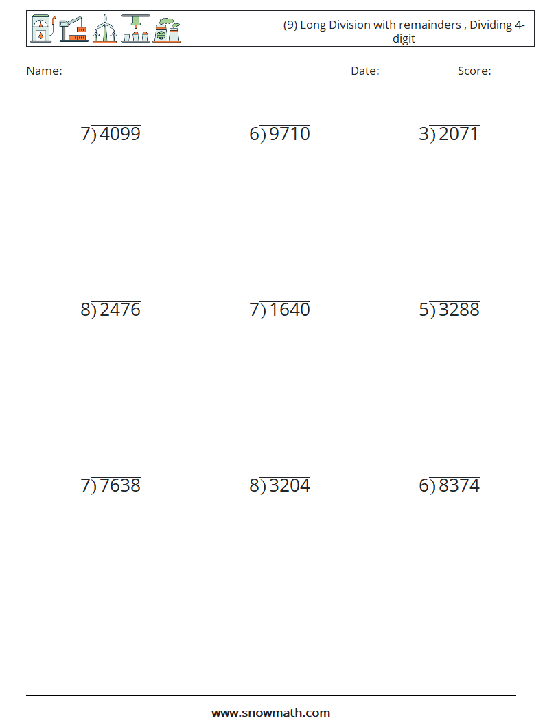 (9) Long Division with remainders , Dividing 4-digit Maths Worksheets 5
