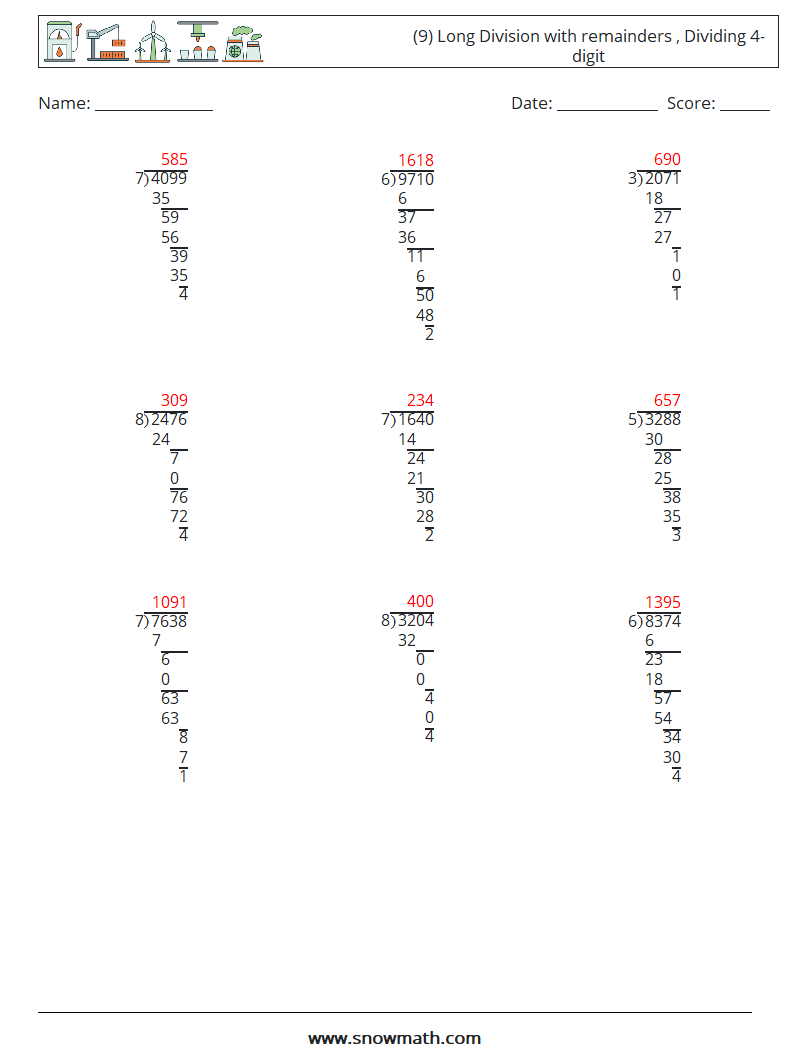 (9) Long Division with remainders , Dividing 4-digit Maths Worksheets 5 Question, Answer