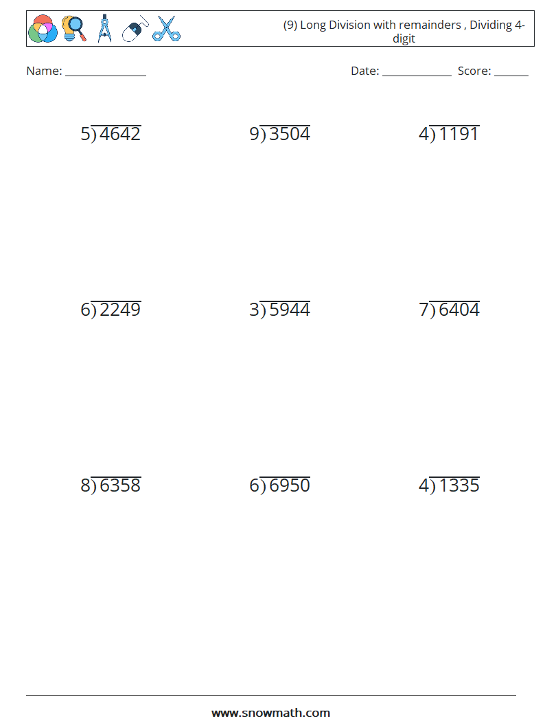 (9) Long Division with remainders , Dividing 4-digit Maths Worksheets 6
