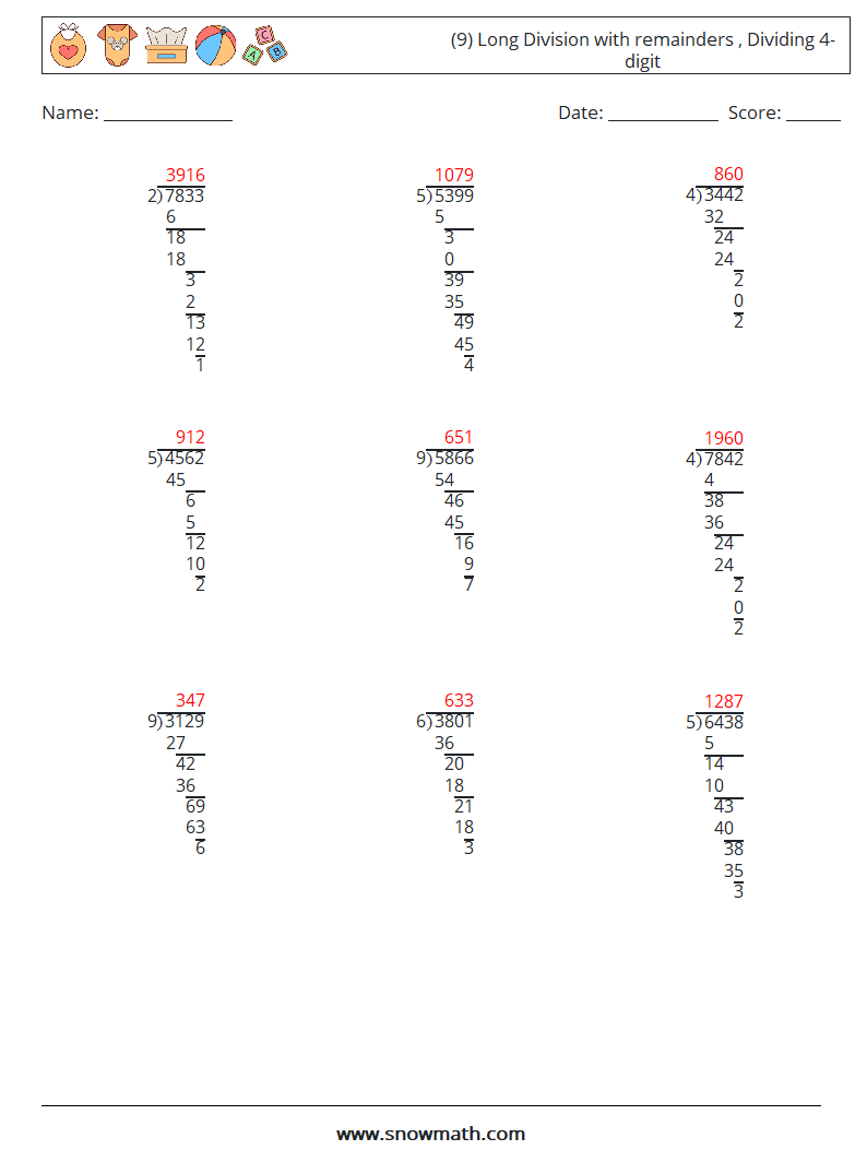 (9) Long Division with remainders , Dividing 4-digit Maths Worksheets 7 Question, Answer