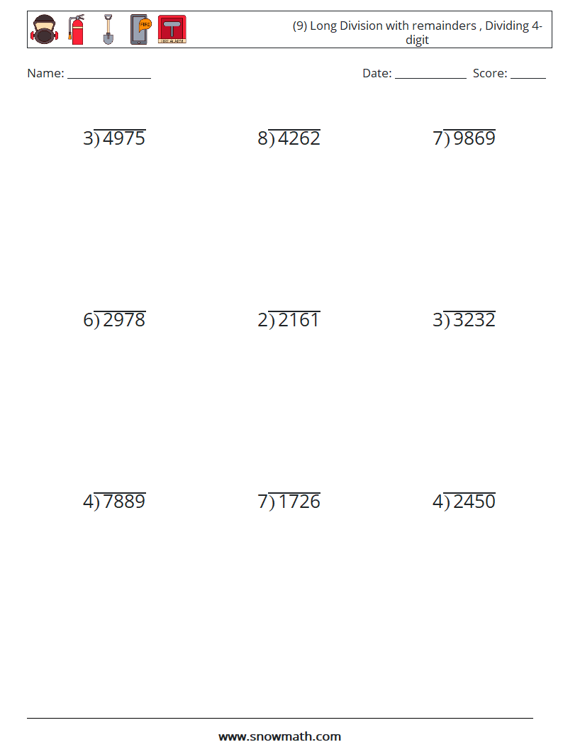(9) Long Division with remainders , Dividing 4-digit Maths Worksheets 8