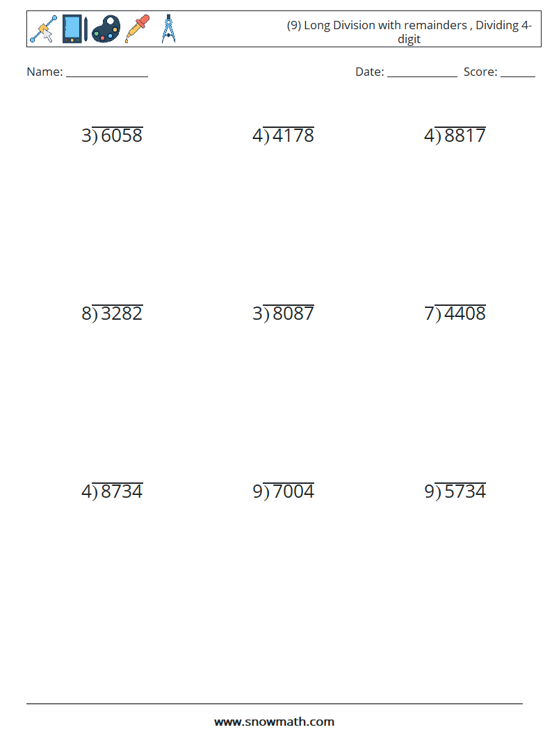(9) Long Division with remainders , Dividing 4-digit Maths Worksheets 9