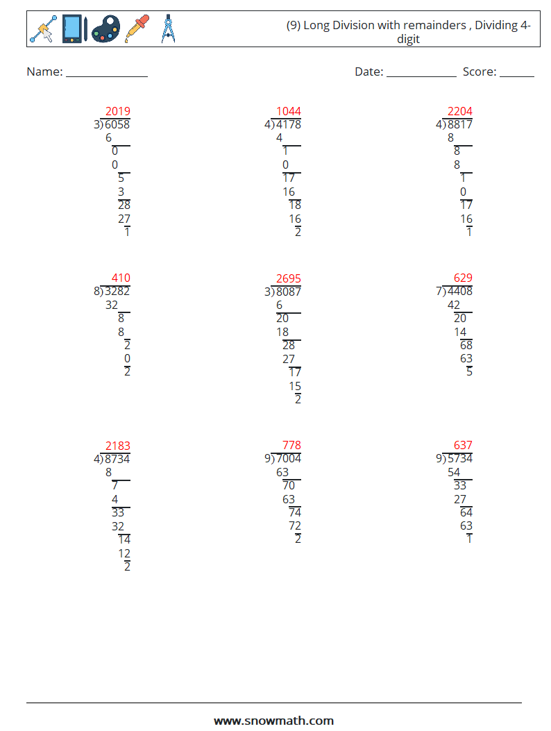 (9) Long Division with remainders , Dividing 4-digit Maths Worksheets 9 Question, Answer