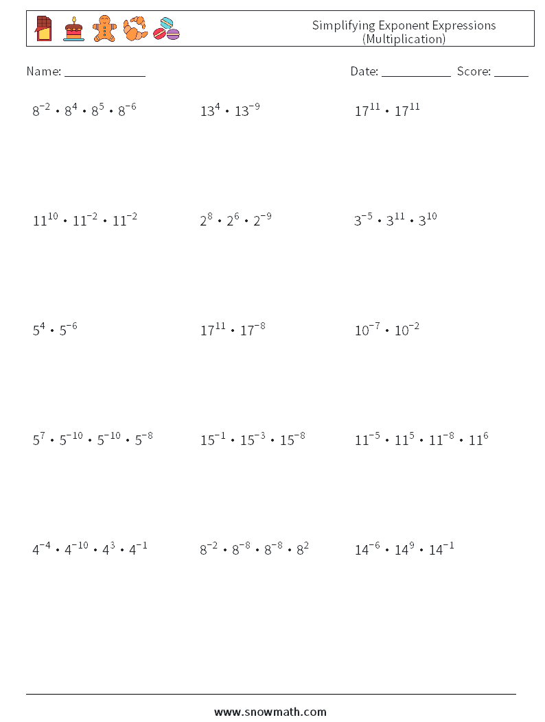Simplifying Exponent Expressions (Multiplication) Maths Worksheets 1