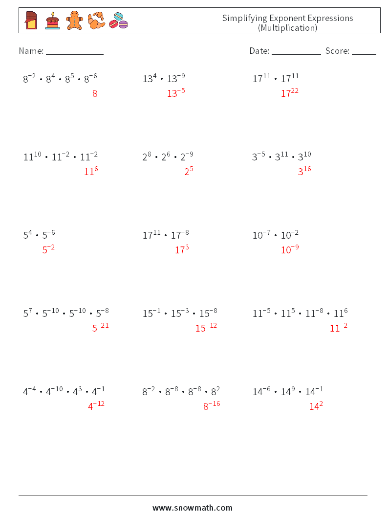 Simplifying Exponent Expressions (Multiplication) Maths Worksheets 1 Question, Answer