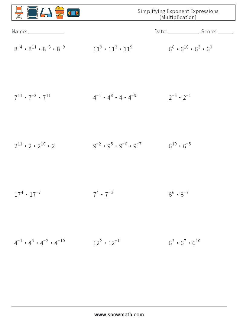 Simplifying Exponent Expressions (Multiplication) Maths Worksheets 2