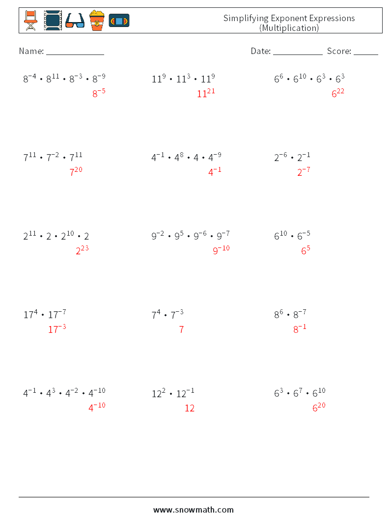 Simplifying Exponent Expressions (Multiplication) Maths Worksheets 2 Question, Answer