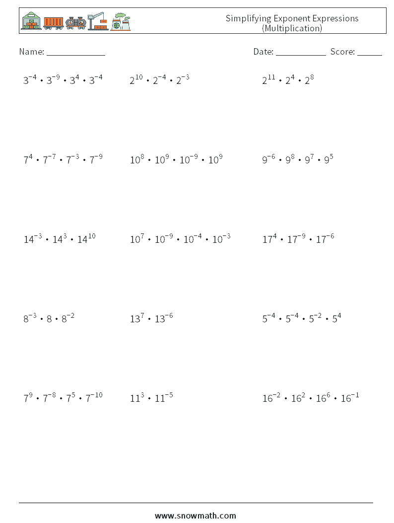 Simplifying Exponent Expressions (Multiplication) Maths Worksheets 3