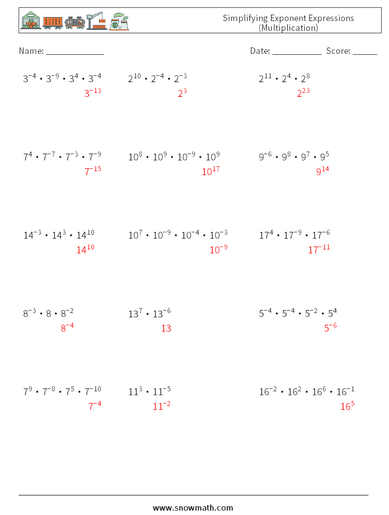 Simplifying Exponent Expressions (Multiplication) Maths Worksheets 3 Question, Answer