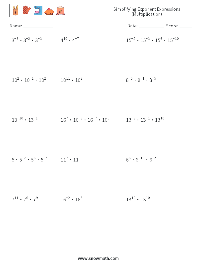 Simplifying Exponent Expressions (Multiplication) Maths Worksheets 4