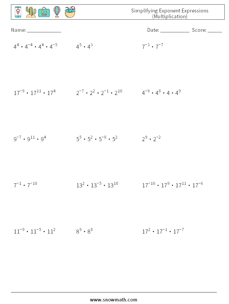 Simplifying Exponent Expressions (Multiplication) Maths Worksheets 5